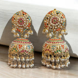 Jadau jhumka in Navratan with pearls ( READY TO SHIP )