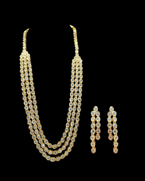 Three-Layer Mala Necklace Set with Earrings – Gold Plated, CZ Polki ( READY TO SHIP )