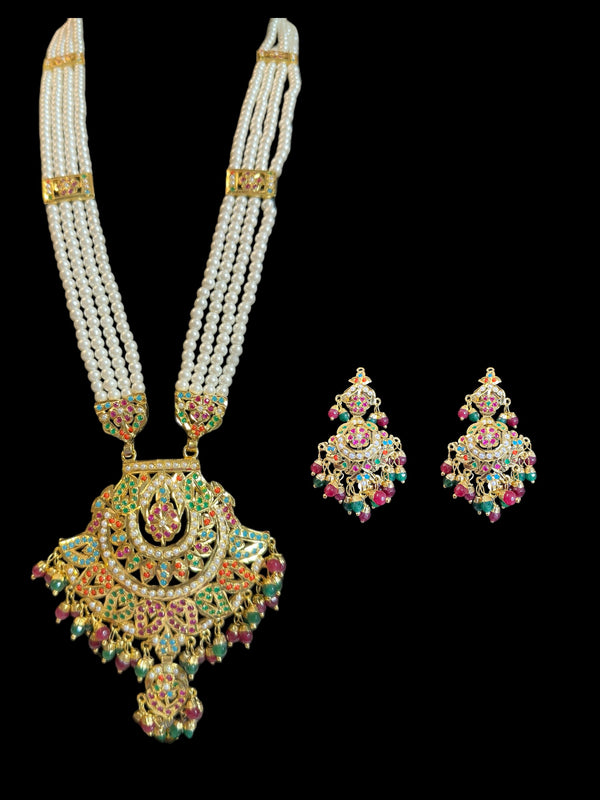 DLN91 jadau rani haar in navratan with pearls  ( READY TO SHIP )