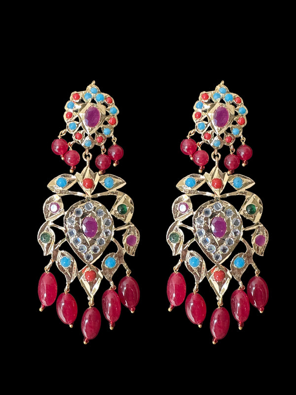 DER597 Navratan earrings with ruby beads ( READY TO SHIP )