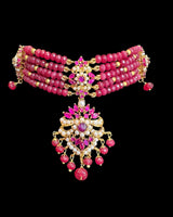 C575 Zarifa Gold-Plated Choker with Earrings – Ruby Beads & Pearl Detailing ( READY TO SHIP )