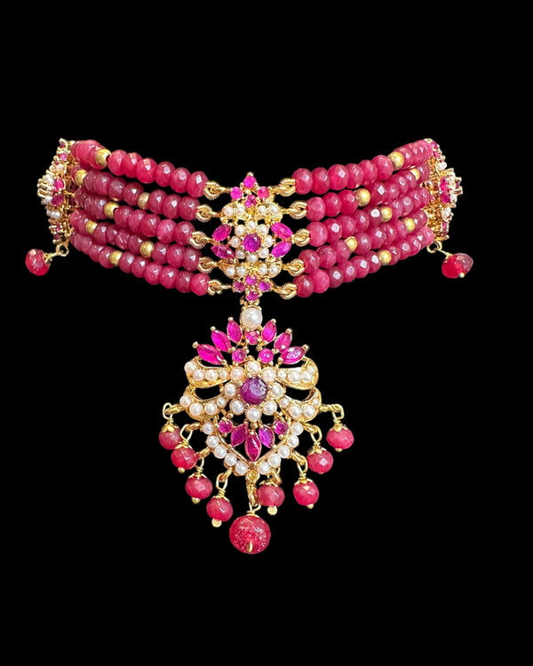 C575 Zarifa Gold-Plated Choker with Earrings – Ruby Beads & Pearl Detailing ( READY TO SHIP )