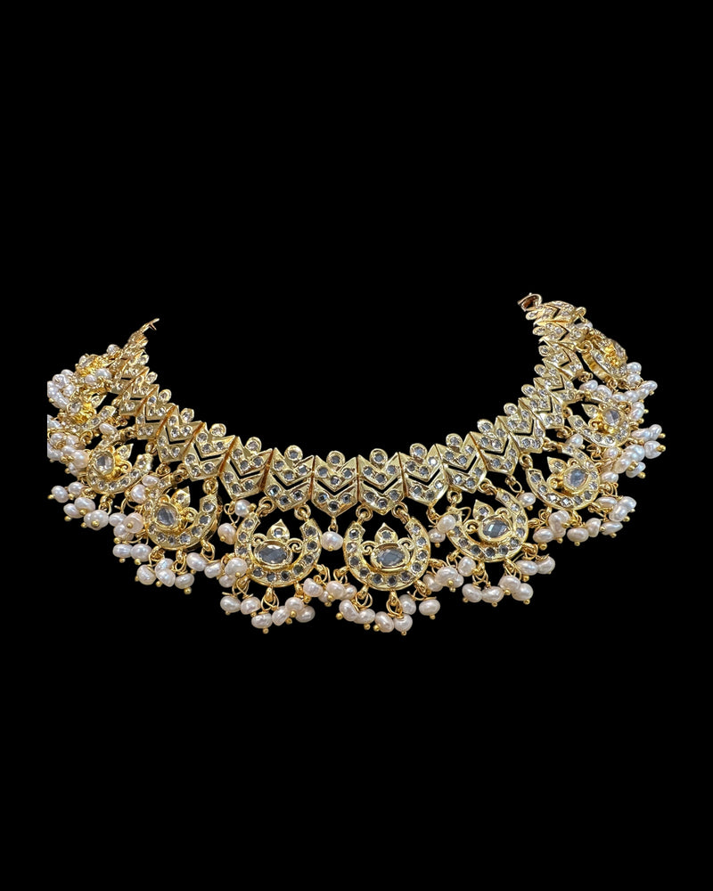 DNS216 Gold-Plated Necklace Set with Freshwater Pearls & CZ Polki | Intricate Bridal & Party Jewelry ( READY TO SHIP )