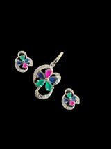 Cz pendant - silver plated with ruby , green and blue stones ( READY TO SHIP )