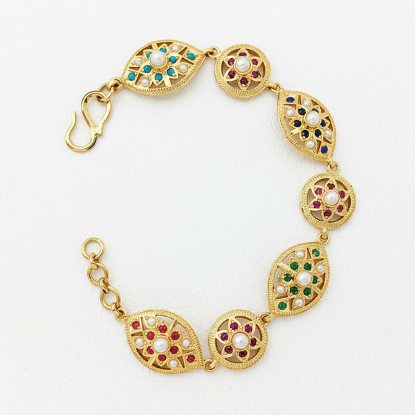 Navratan Gold-Plated Silver Bracelet with Freshwater Pearls ( READY TO SHIP )