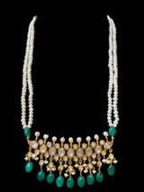 Moissanite Polki Tirmani Necklace Set with Natural Emerald Beads, Freshwater Pearls, and 22K Gold Plating – Includes Earrings
 ( SHIPS IN 4 WEEKS )