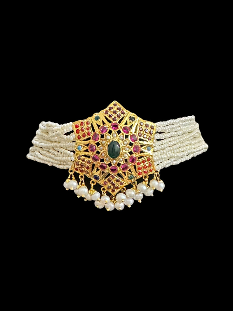 Gold plated silver choker set  in Navratan ( READY TO SHIP)