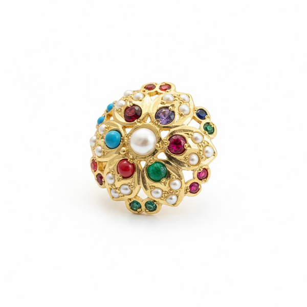 Navratan Gold-Plated Silver Adjustable Ring ( READY TO SHIP )