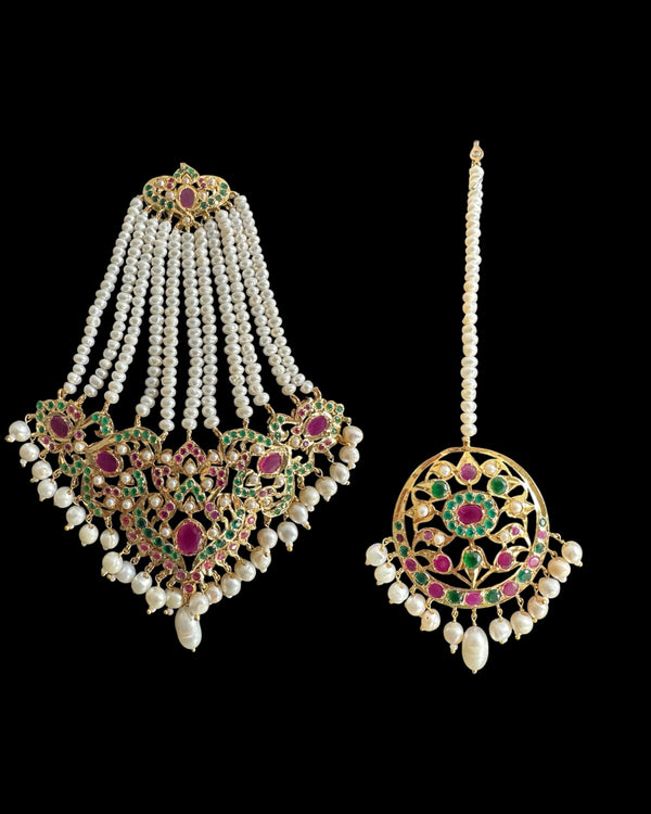 Kulsum jhoomar tika set in ruby emerald with fresh water pearls ( READY TO SHIP )