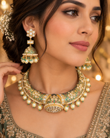 C605 Gold-Plated Meenakari Hasli Necklace Set with Polki Jhumka Earrings ( READY TO SHIP )