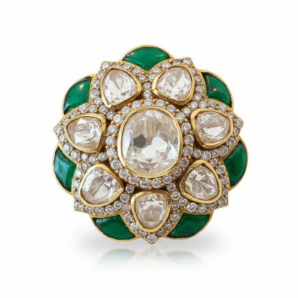 Moissanite Polki & Emerald Gold-Plated Silver Statement Ring ( READY TO SHIP )
