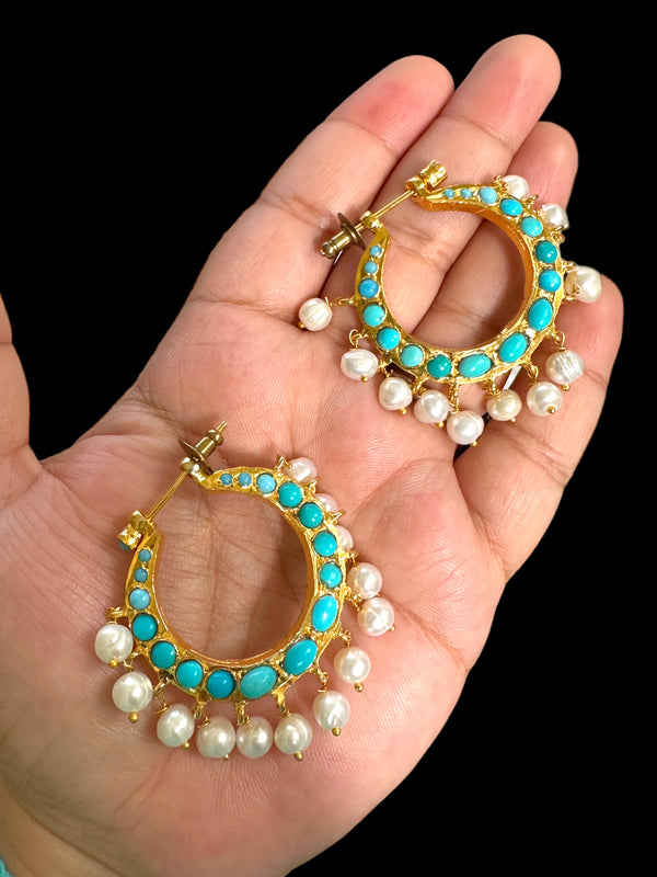 DER551 Chandbali in fresh water pearls and turquoise ( READY TO SHIP )