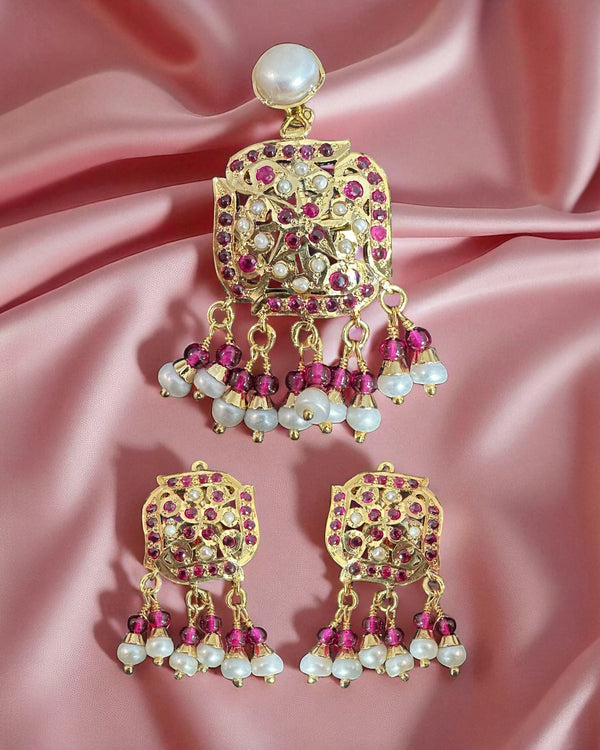 Ruby & Freshwater Pearl Pendant and Earring Set – Gold-Plated 92.5 Silver ( READY TO SHIP )
