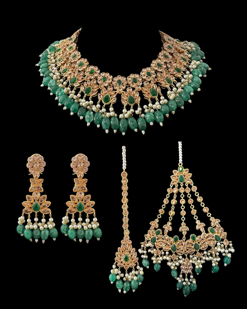 BR500 Kafiya bridal set in golden / champagne  stones and green beads ( READY TO SHIP )