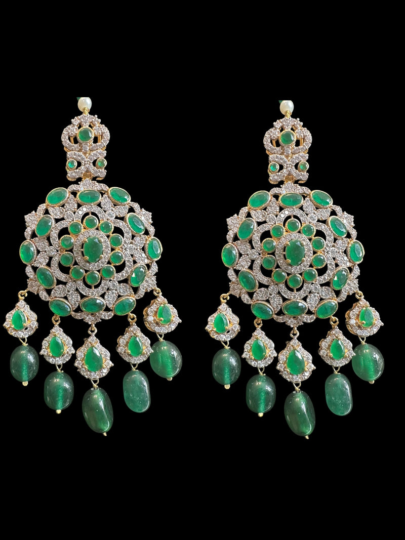 DLN138 Mandira Long CZ Pearl Mala with Green Beads – Necklace & Earrings Set ( READY TO SHIP )