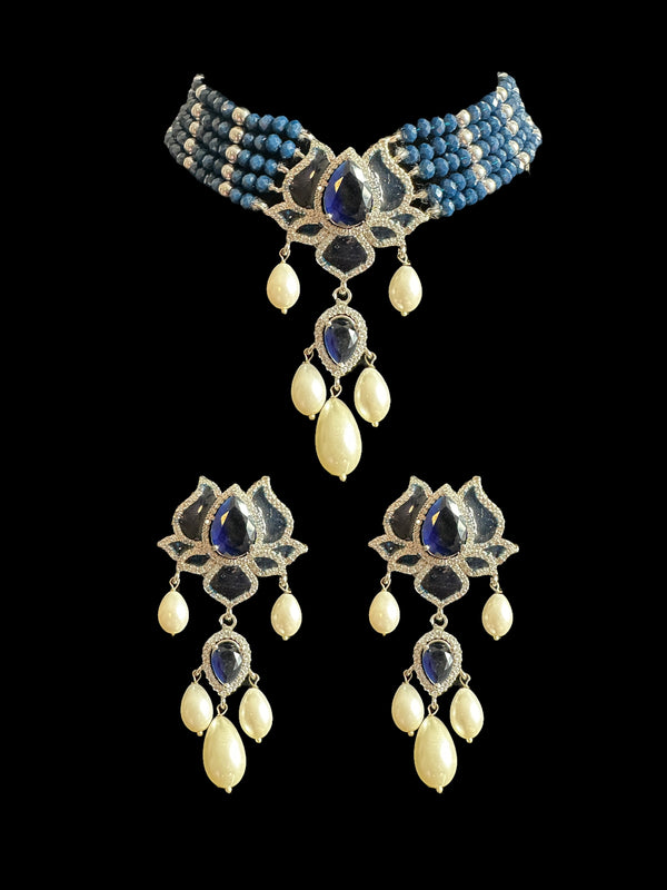 C518 Maria choker and earrings set in blue ( READY TO SHIP )