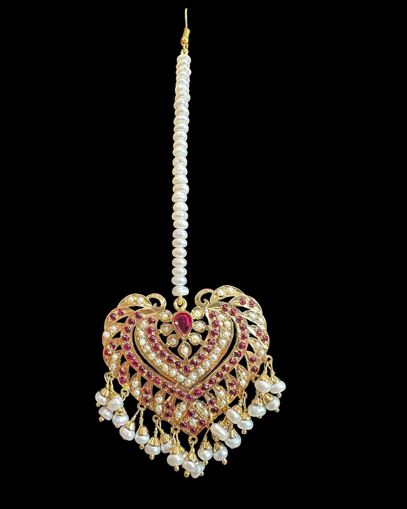Gold Plated Silver Ruby Tika with Freshwater Pearls ( READY TO SHIP )