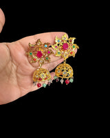 DER760  navratan gold plated Karanphool jhumka ( pearls ) ( READY TO SHIP )