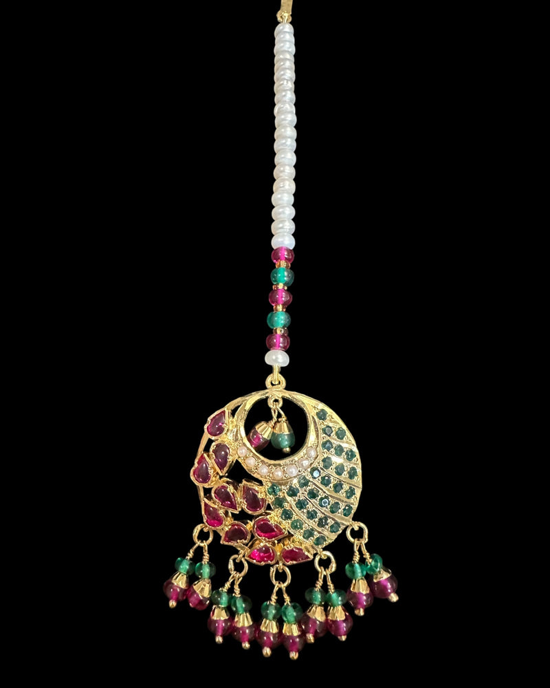 Gold Plated Silver Ruby Emerald Tika with Freshwater Pearls ( READY TO SHIP )
