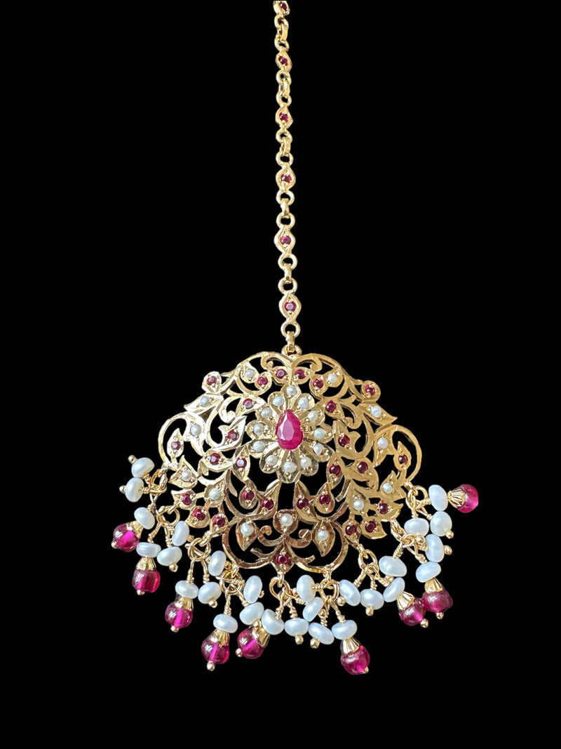 Mehwish Jadau tika in gold plated silver with fresh water pearls and rubies