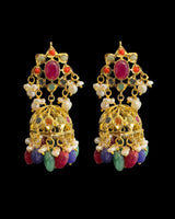 Navratan Gold-Plated Pendant with Jhumka Earrings Set | Freshwater Pearls | Ruby, Emerald & Sapphire Beads ( READY TO SHIP )