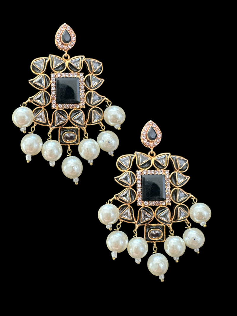 DER642 Nagma dangler earrings in kundan (black )( READY TO SHIP)