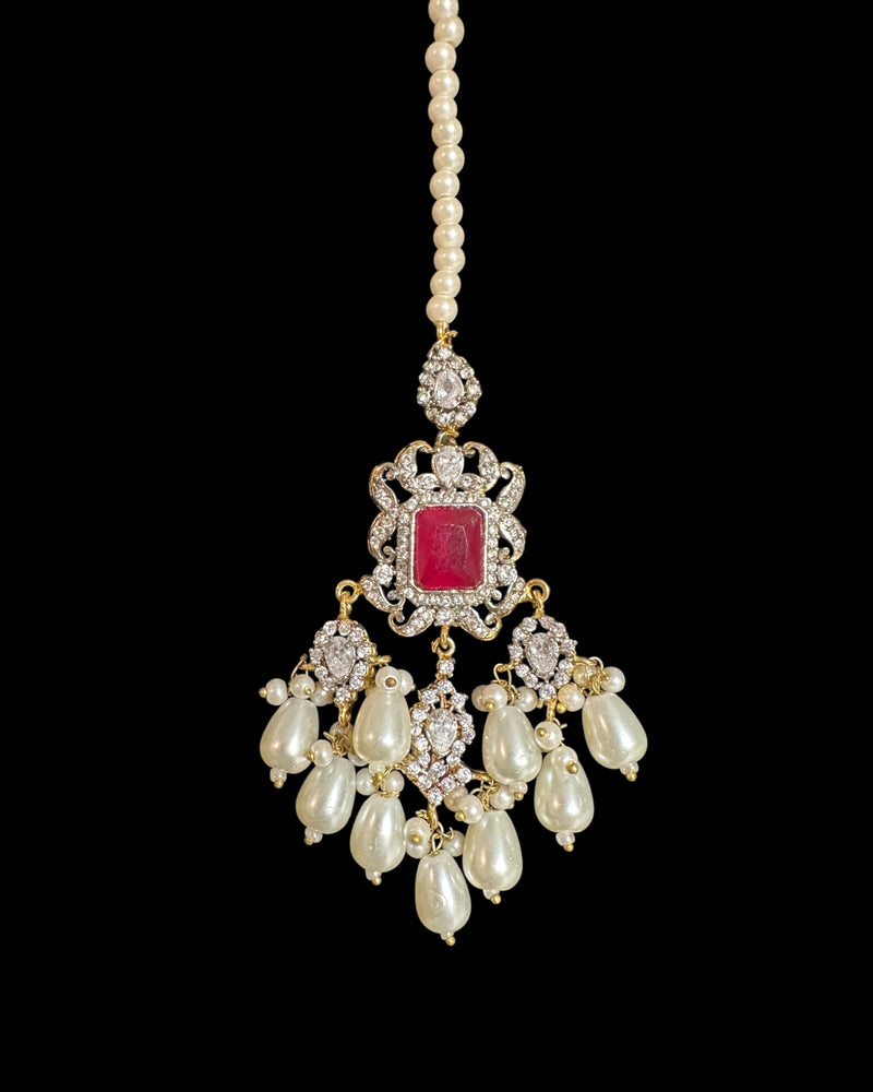 Farhat 💎 Ruby Bridal Choker Set with Earrings & Tika – Gold-Plated with Zircon & Shell Pearls