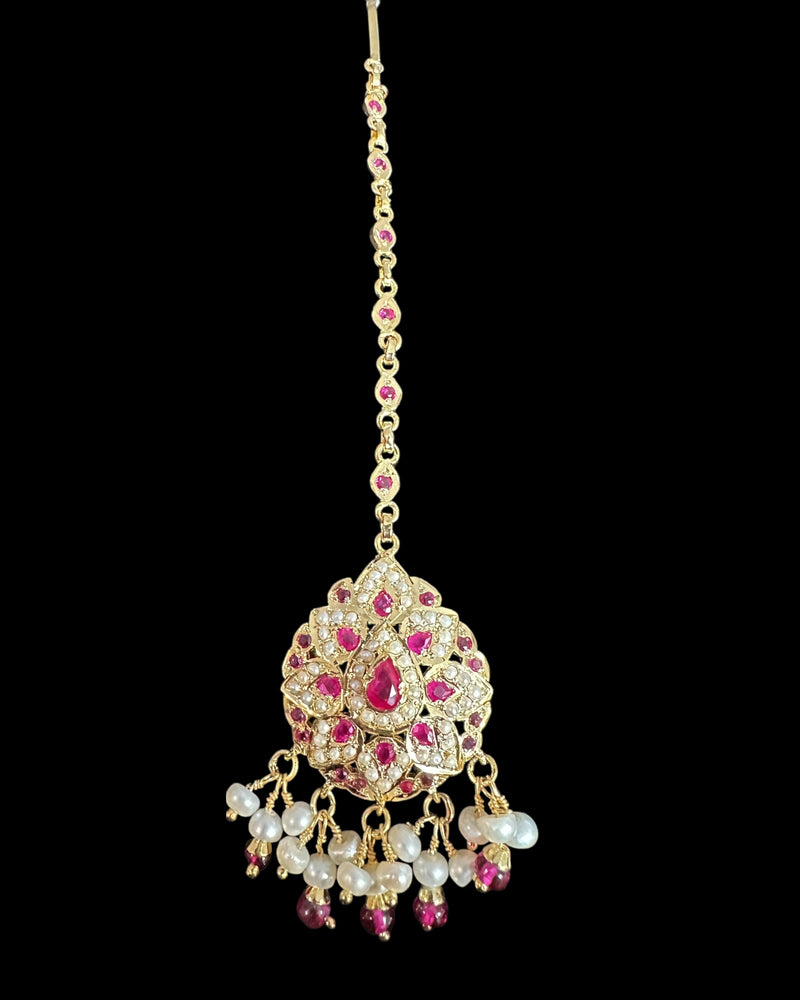 Ruby & Pearl Teardrop Tikka – Gold-Plated Silver (92.5 Sterling Silver Base) ( READY TO SHIP )