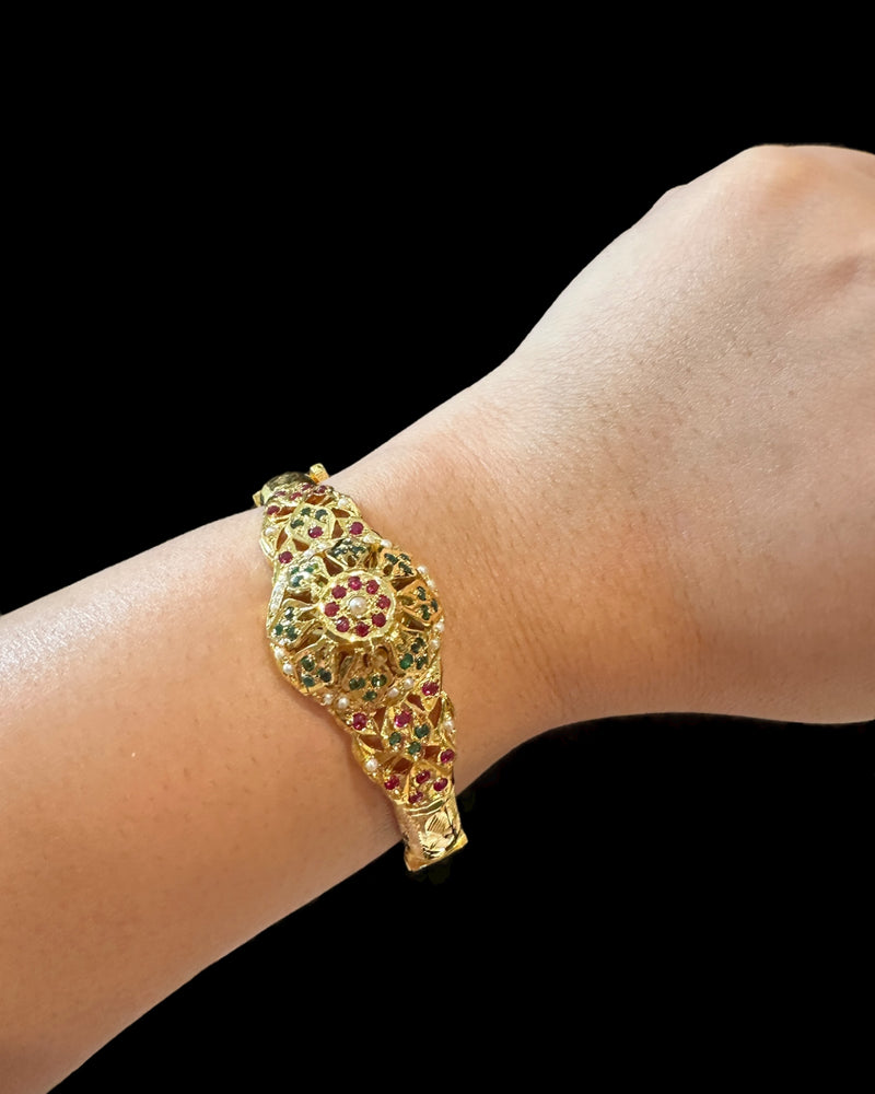 Ruby, Emerald & Freshwater Pearl Gold-Plated Silver Kada Bracelet ( SHIPS IN 5 WEEKS )