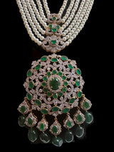 DLN138 Mandira Long CZ Pearl Mala with Green Beads – Necklace & Earrings Set ( READY TO SHIP )