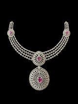 DNS172 Cz necklace set with earrings tika  silver plated - Ruby centre stone    (READY TO SHIP)