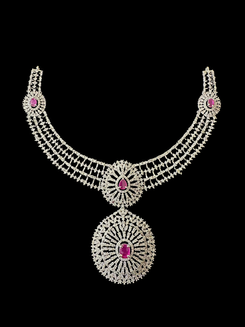 DNS172 Cz necklace set with earrings tika  silver plated - Ruby centre stone    (READY TO SHIP)