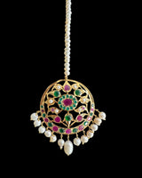 Kulsum jhoomar tika set in ruby emerald with fresh water pearls ( READY TO SHIP )