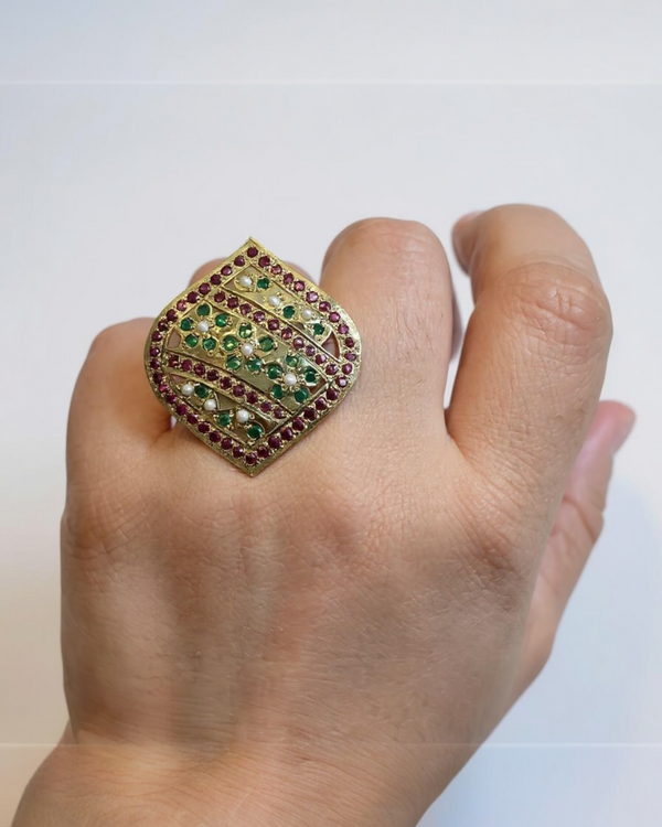 Ruby & Emerald Statement Ring – Gold-Plated Silver Brilliance ( READY TO SHIP )