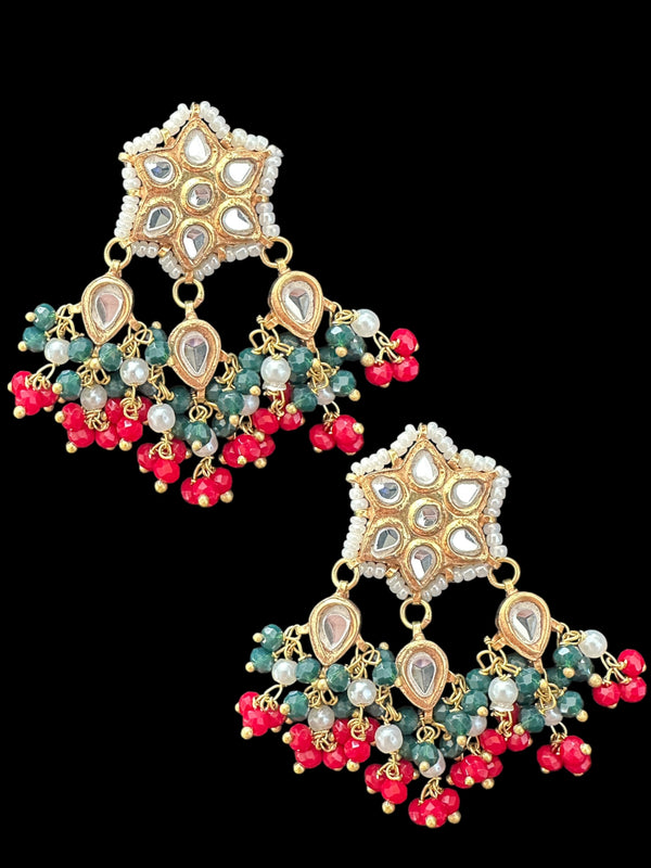 ET567  kundan tops / studs  - Red green beads ( READY TO SHIP )