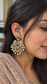 ERS82 Gold-Plated Meenakari Chandbali Earrings with Pearl Ear Support - BLACK ( READY TO SHIP)