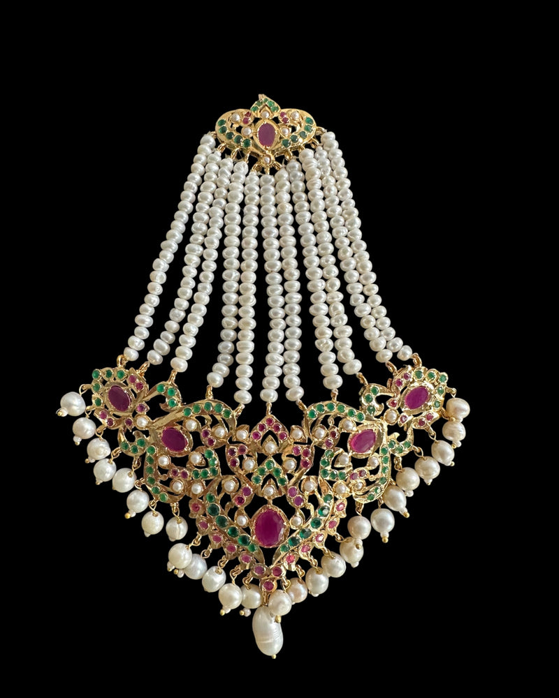 Kulsum jhoomar tika set in ruby emerald with fresh water pearls ( READY TO SHIP )