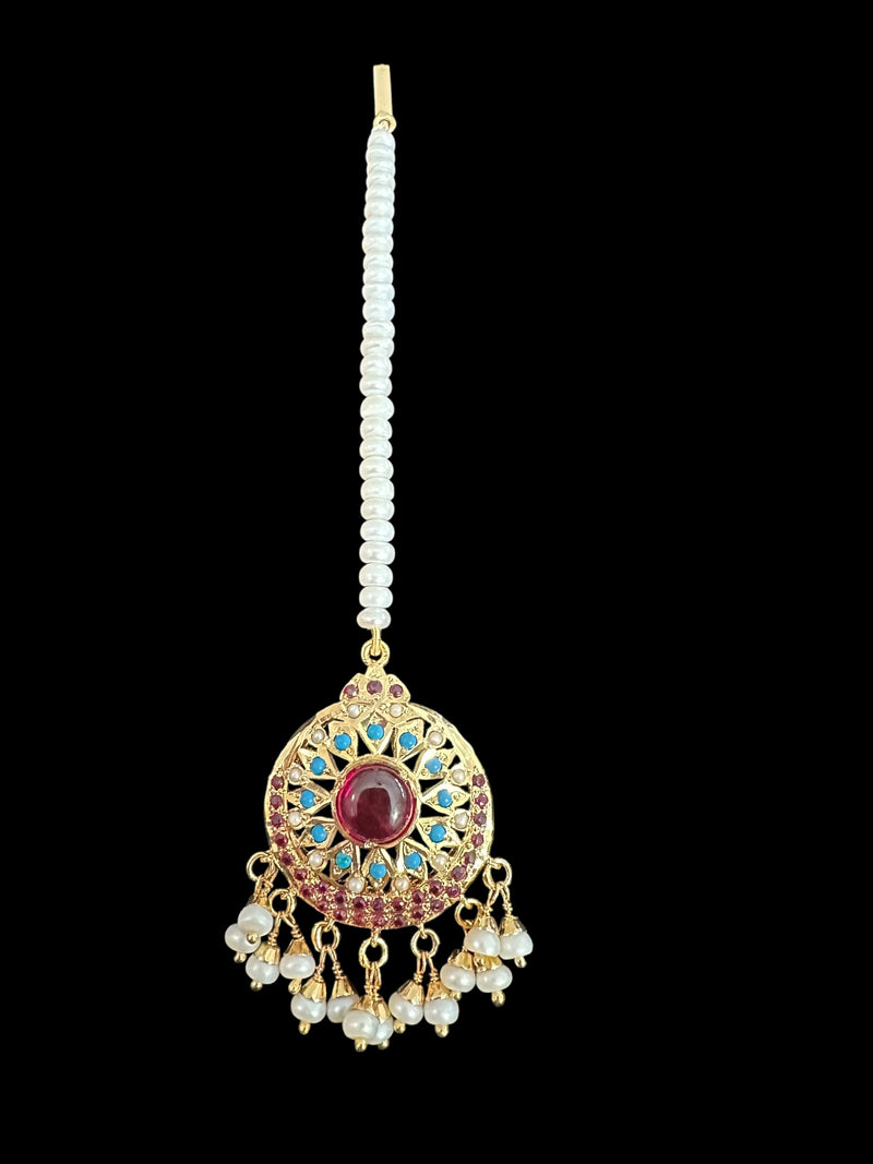 Gold-Plated Silver Tikka with Ruby, Turquoise & Pearls – Medium Size ( READY TO SHIP )