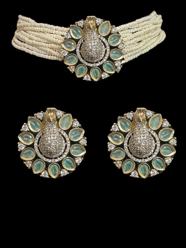 Cz choker - peacock style - mint     ( READY TO SHIP )