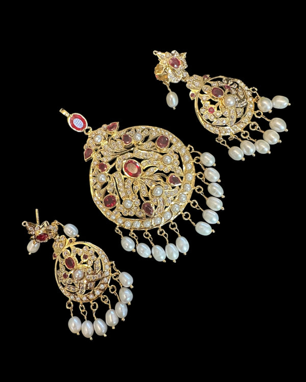 Gold-Plated Silver Ruby & Freshwater Pearl Pendant Set | 92.5 Silver | Elegant Zircon Design ( READY TO SHIP )