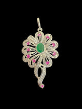 Cz pendant - silver plated with red green  stones ( READY TO SHIP )