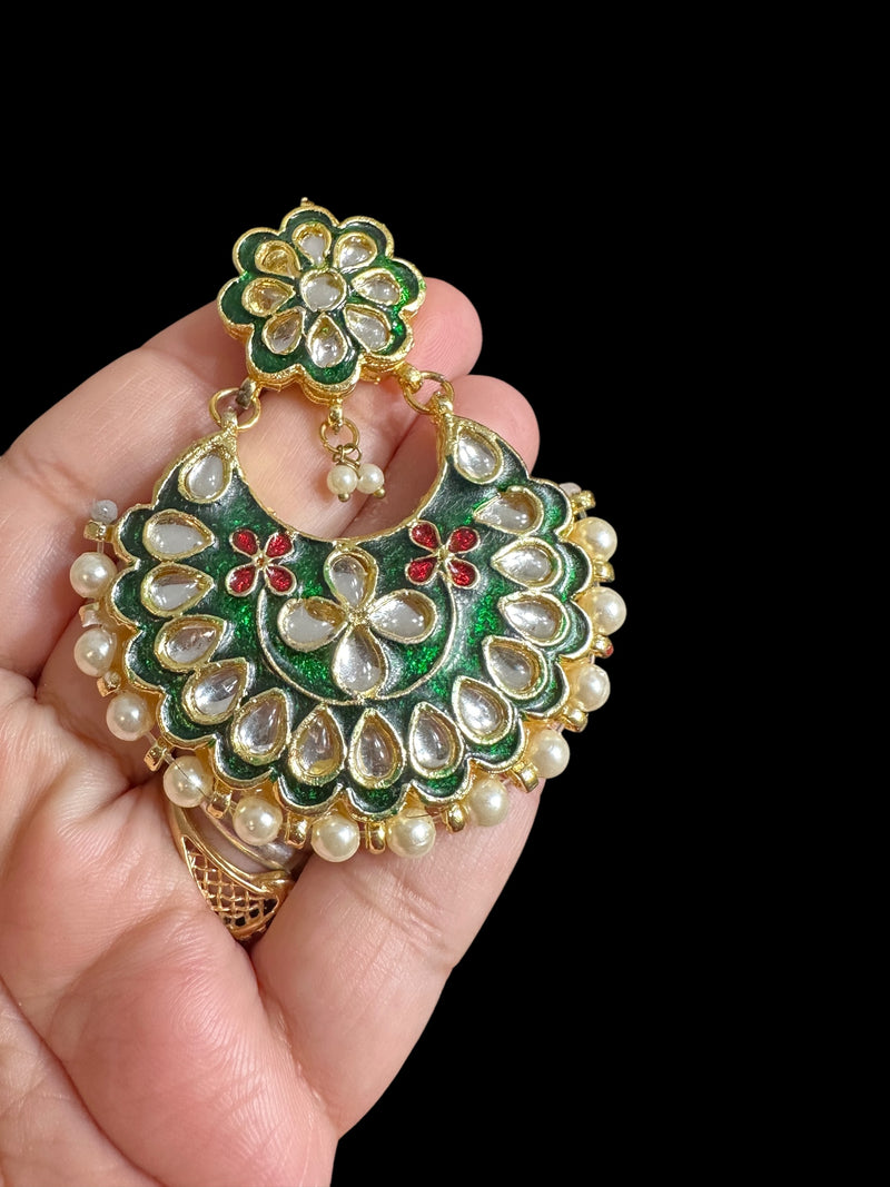 Kundan meena earrings - Green  ( READY TO SHIP )