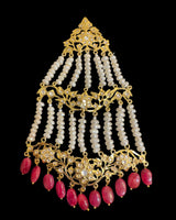 DJHR200 Traditional Hyderabadi Moissanite Polki Bridal Jhoomar with Ruby & Freshwater Pearls ( READY TO SHIP )