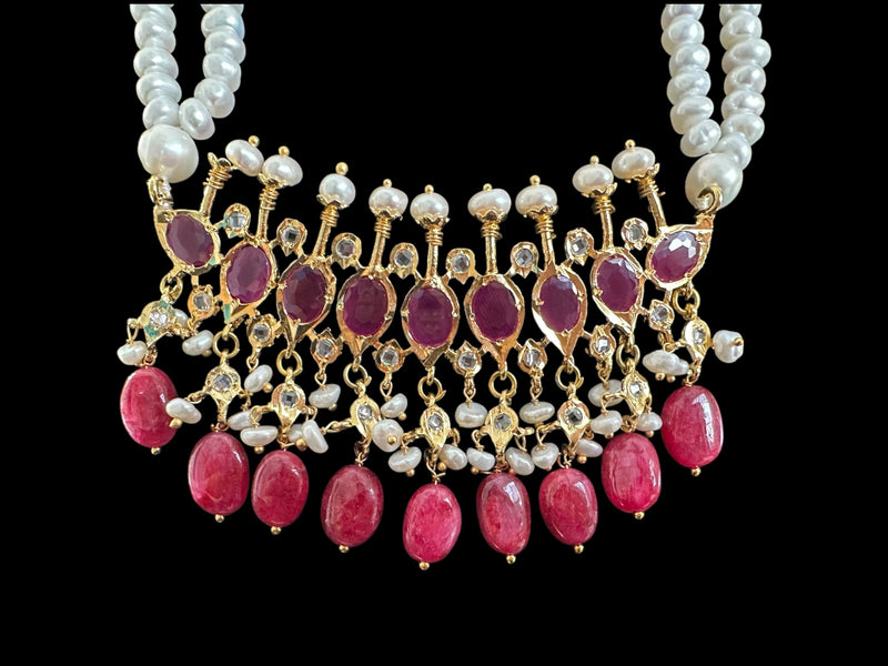 PS508 Tirmani in Rubies with Freshwater Pearls and Chandbali Earrings – Gold-Plated Lightweight Jewelry( READY TO SHIP )