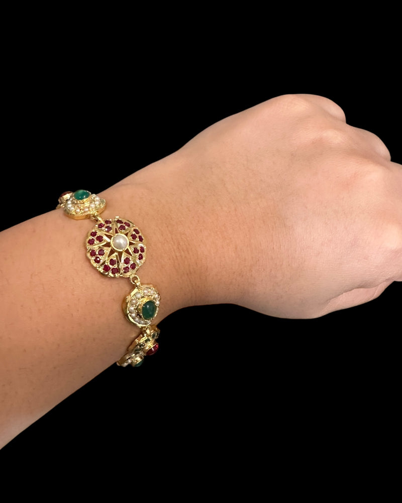 Ruby, Emerald & Pearl Gold-Plated Silver Bracelet – 92.5 Silver ( READY TO SHIP )