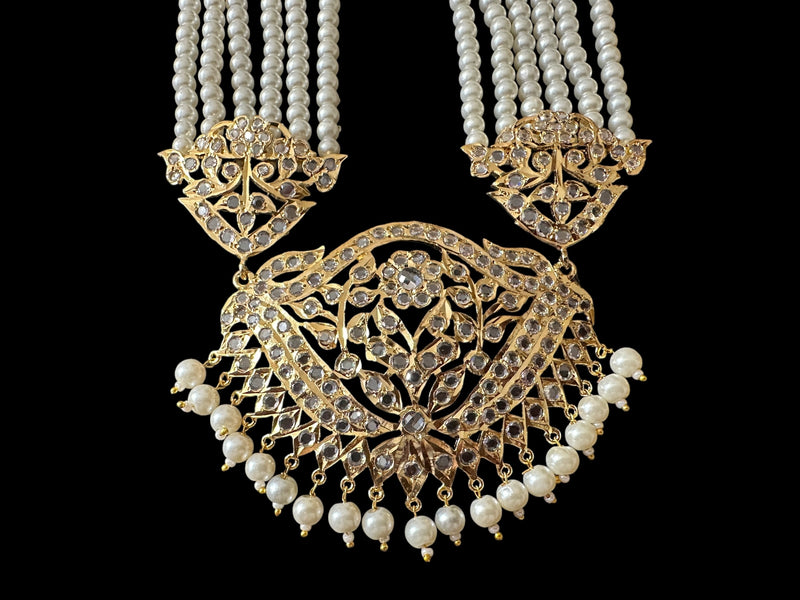 DLN111 Hareem pearl rani haar with jhoomar earrings in pearls  ( READY TO SHIP )