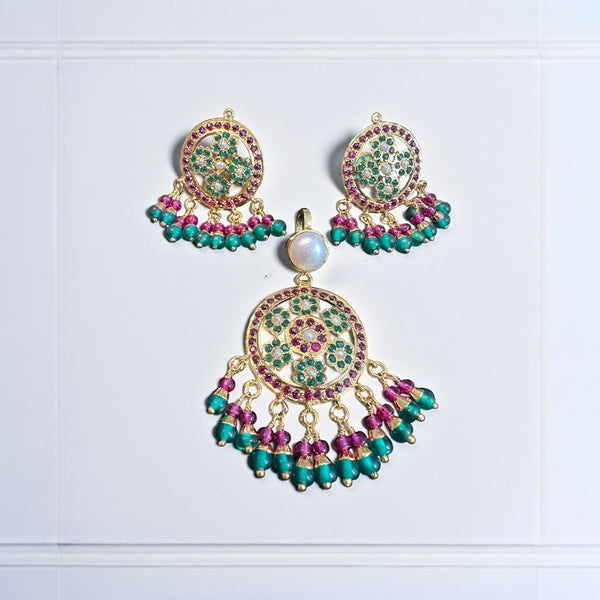 Gold-Plated 92.5 Silver Pendant Set in Ruby, Emerald & Pearl ( READY TO SHIP )