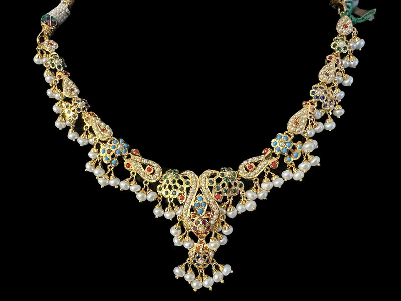 Navratan / Multicolored Jadau delicate Necklace Set in Gold Plated Silver ( READY TO SHIP )