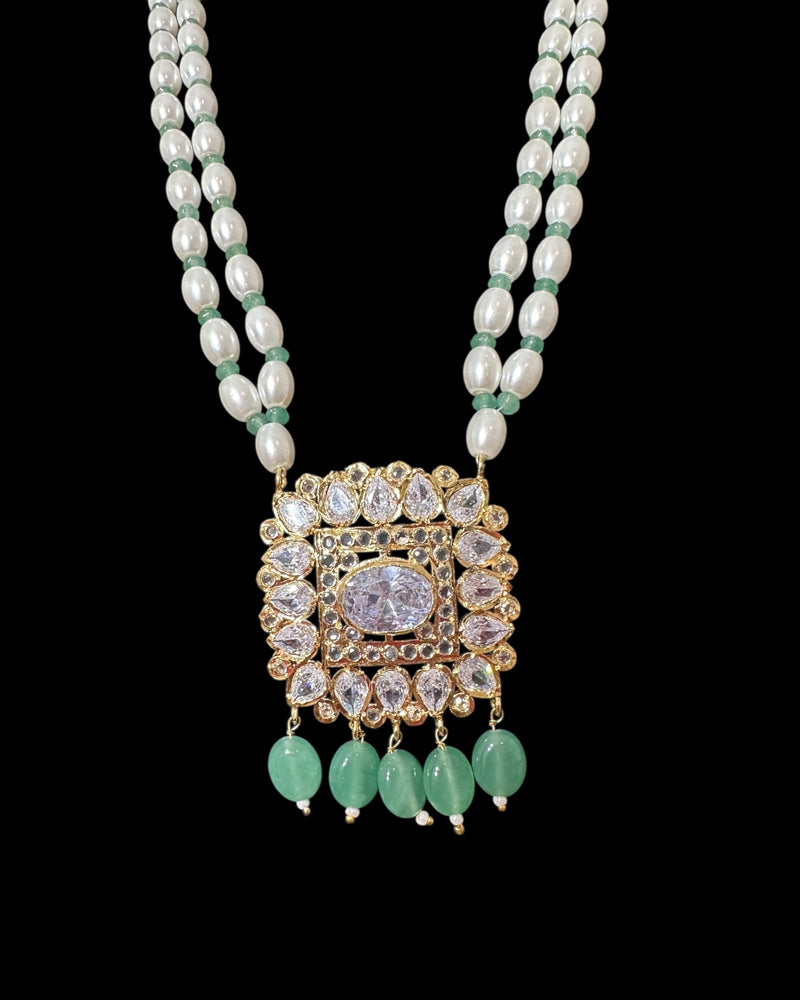 PS561 Hyderabadi pendant set with high quality zircon stones and light green beads ( SHIPS IN 2 WEEKS )