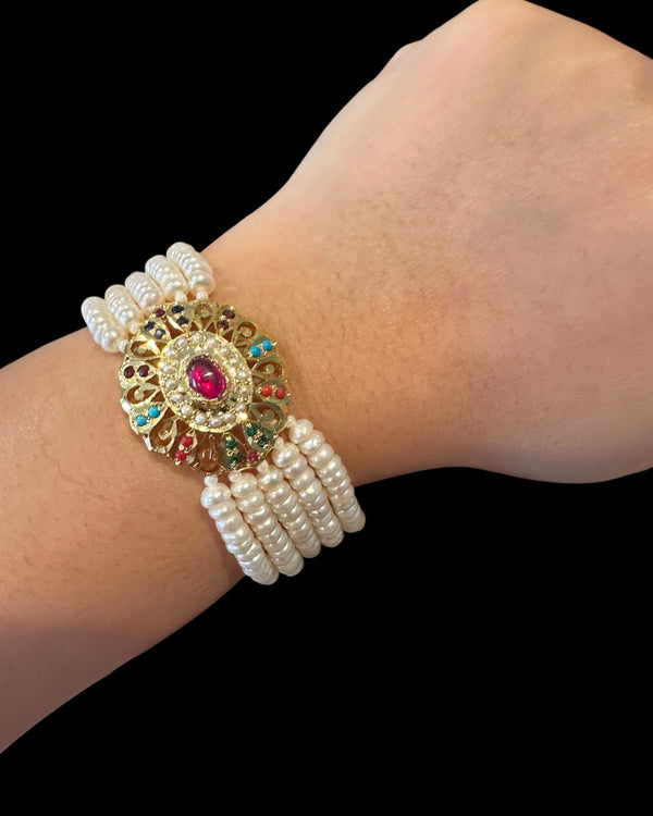Navratan Gold-Plated Silver Bracelet with Freshwater Pearls ( READY TO SHIP )
